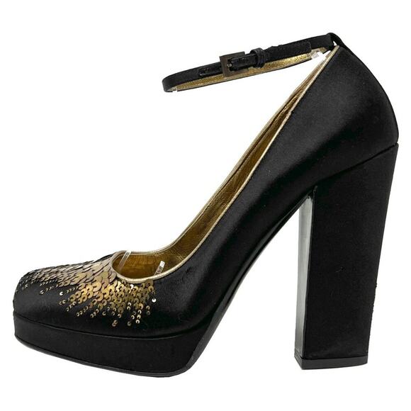 Prada Black Satin Gold Sequins Embellished Mary Jane Platform Pumps - Picture 1 of 9